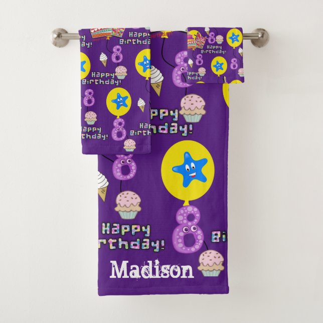 Conjunto De Toalhas Toalhas, #8 Feliz 8º Aniversário, Roxo (Insitu)
