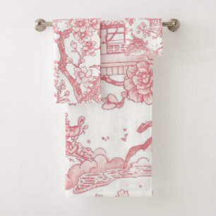 Conjunto De Toalhas Toile de Chinoiserie Rosa Dragão Flor de Cerejeira