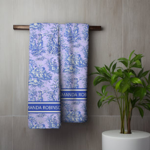 Conjunto De Toalhas Tóile de jouy azul roxa da vinheta
