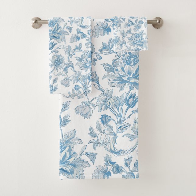 Conjunto De Toalhas Toile-de-jouy Chinoiseries Blue Floral Pattern (Insitu)