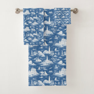 Conjunto De Toalhas Toile de Jouy náutica azul