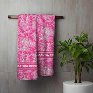 Conjunto De Toalhas Tóile de jouy, rosa-quente, com vinheta