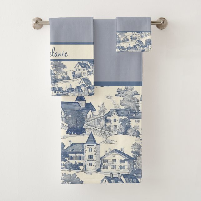 Conjunto De Toalhas Toile de Jouy Village Border on Blue (Insitu)