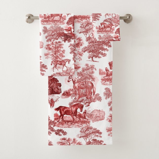 Conjunto De Toalhas Toile Elegante Red White Rustic Horses (Insitu)