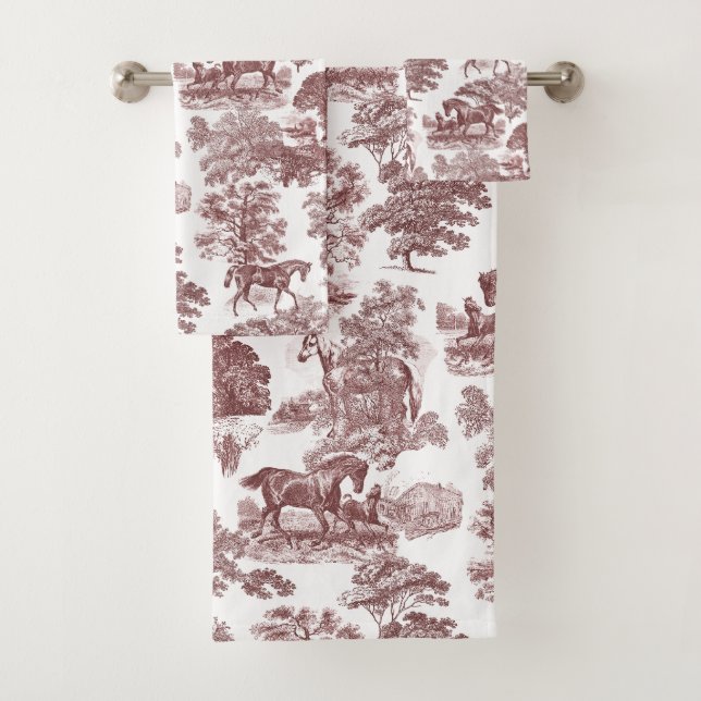 Conjunto De Toalhas Toile Elegante Red White Rustic Horses (Insitu)