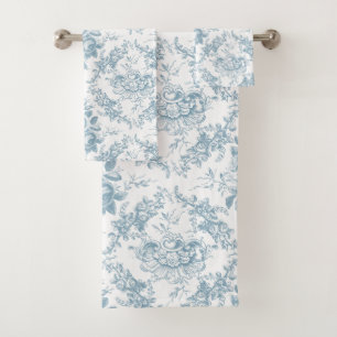 Conjunto De Toalhas Toile floral azul e branco gravado elegante
