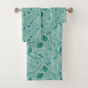 Conjunto De Toalhas Tons de Verde Pastel com Estampa de Lótus em Relev