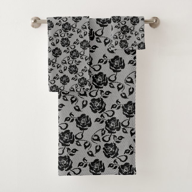 Conjunto De Toalhas Torneiras do Banho Rosa de Fishnet Preto Faux (Insitu)