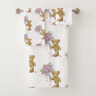 Conjunto De Toalhas Torre de Banheiro Coletivo Urso de Teddy Rosa Flor