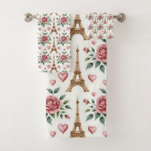 Conjunto De Toalhas Torre Eiffel Paris Rosas Rosa Decoração Chique Ele
