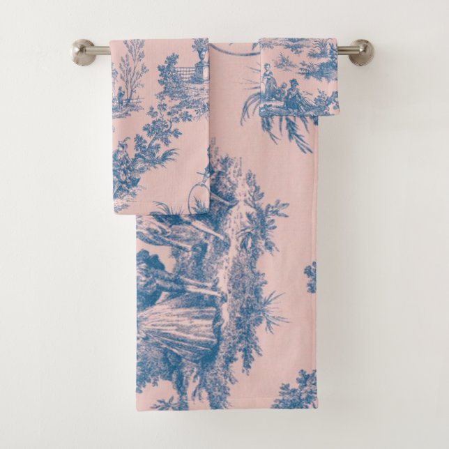 Conjunto De Toalhas Torre francesa de jouy azul e rosa elegante (Insitu)