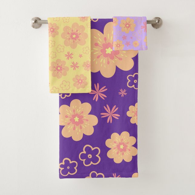 Conjunto De Toalhas Torres-Padrão Florais De Laranja Amarelo-Púrpura V (Insitu)