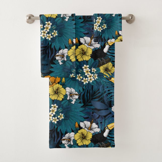 Conjunto De Toalhas Toucans and tropical flora, blue , yellow , orange (Insitu)