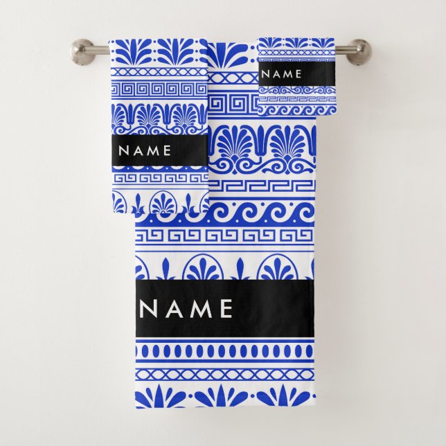 Conjunto De Toalhas Traço Grego, Chave Mista, Azul, Seu Nome (Insitu)
