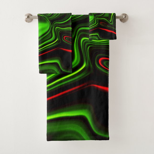 Conjunto De Toalhas Traços curvos verdes e vermelhos sobre fundo verde (Insitu)