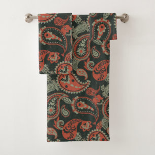 Conjunto De Toalhas Tradicional Paisley Linocut Laranja Quente Verde