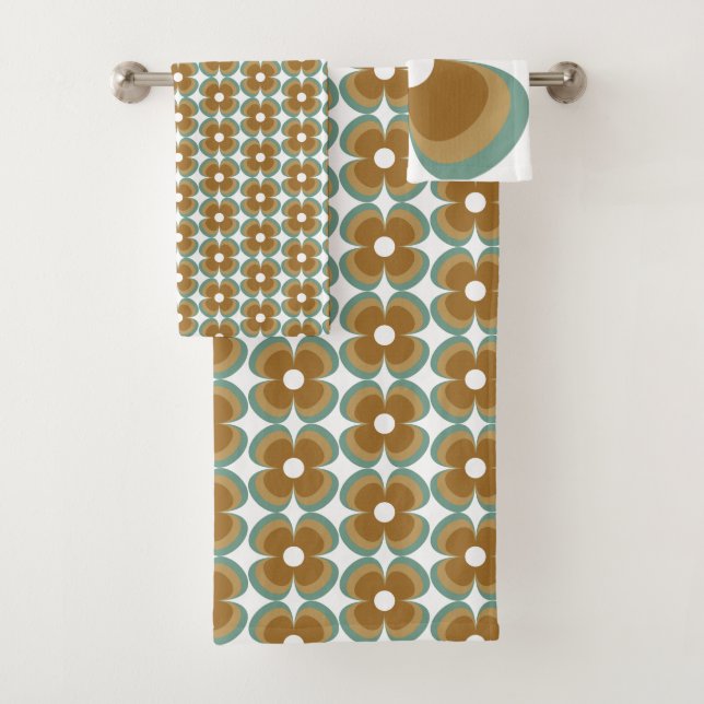 Conjunto De Toalhas Trendy Teal Caramel Retro Groovy Flowers Seamless (Insitu)