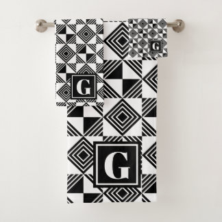 Conjunto De Toalhas Triângulo Quadrado Monograma Geométrico Branco Neg
