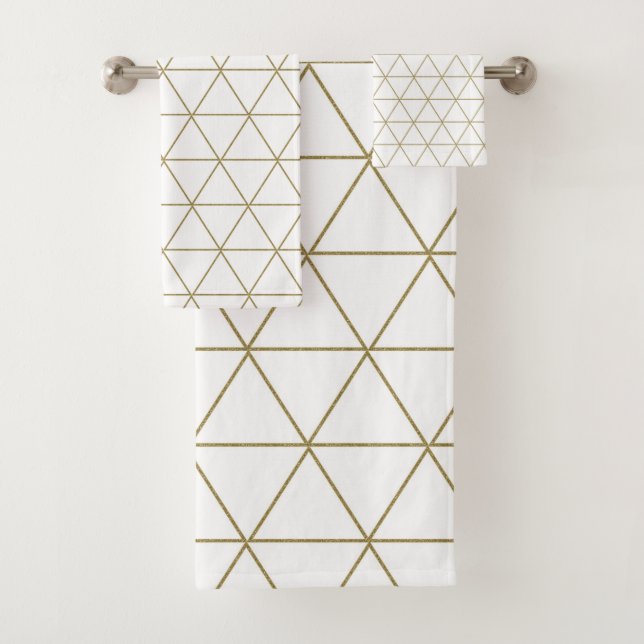 Conjunto De Toalhas Triângulos Geométricos Branco Dourado Boho Glam Mí (Insitu)