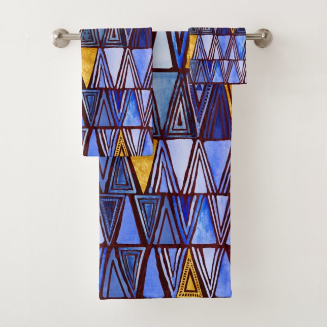 Conjunto De Toalhas Triângulos Tribais Dourados Azuis (Insitu)