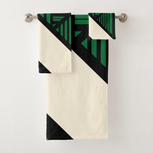 Conjunto De Toalhas Triângulos - Verde, Creme e Preto (Insitu)