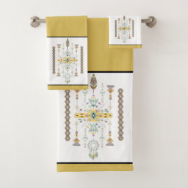 Conjunto de toalhas tribais amarelas e verdes