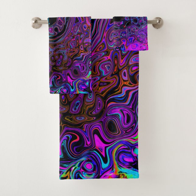 Conjunto De Toalhas Trippy Black and Magenta Retro Liquid Swirl (Insitu)