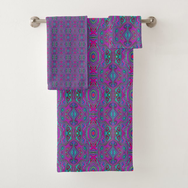 Conjunto De Toalhas Trippy Retro Magenta, Azul e Verde Abstrato (Insitu)