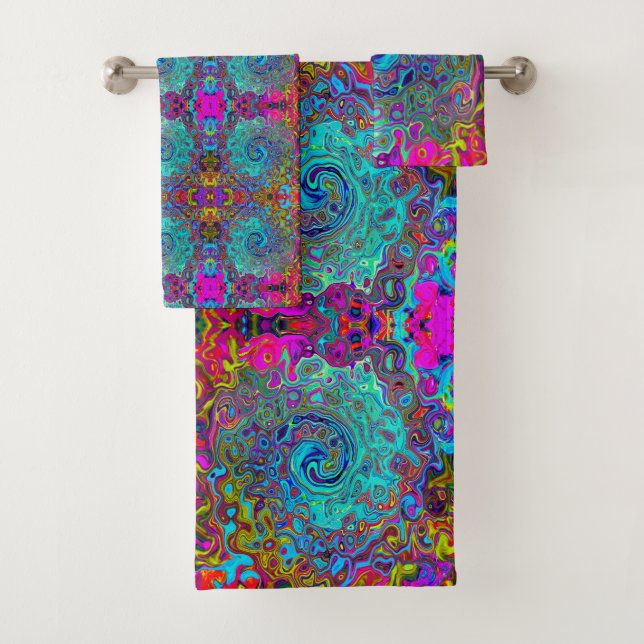 Conjunto De Toalhas Trippy Sky Blue Abstrato Retro Liquid Swirl (Insitu)