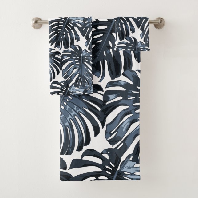 Conjunto De Toalhas Tropical Jungle Leaves Dark Blue White Modern (Insitu)