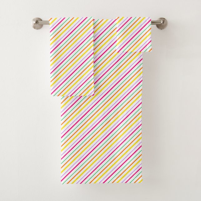 Conjunto De Toalhas Tropical Pink Green Orange Yellow Stripes (Insitu)