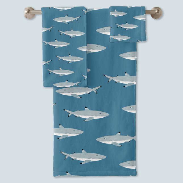 Conjunto De Toalhas Tubarão-recife preto divertido (Fun Black Tipped Reef Shark pattern teal green towel set )