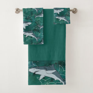 Conjunto De Toalhas Tubarões, marinhos, marinhos, peixes, predadores,