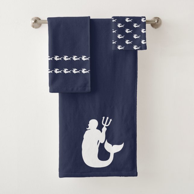 Conjunto De Toalhas Tubarões Merman Banheiro Azul e Branco (Insitu)