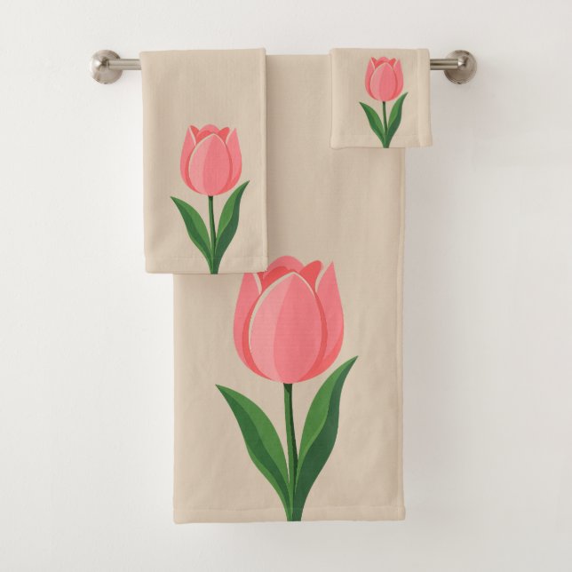 Conjunto De Toalhas Tulipa Rosa Moderna sobre Bege Claro (Insitu)