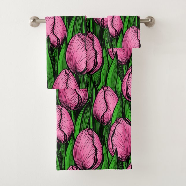 Conjunto De Toalhas Tulipas cor-de-rosa com folhas verdes (Insitu)
