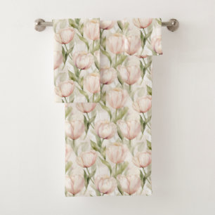 Conjunto De Toalhas Tulipas Florais Rosa Bege Creme Chuva de Noiva