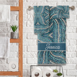 Conjunto De Toalhas Turquesa Azul Cinza Elegante Moderna