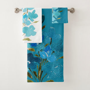 Conjunto De Toalhas Turquesa Azul Cor Floral de Água Pintura Mão