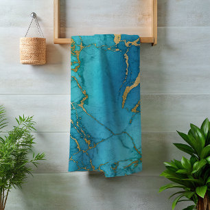Conjunto De Toalhas Turquesa Azul Dourado Mármore Pedra Rocha Metálico