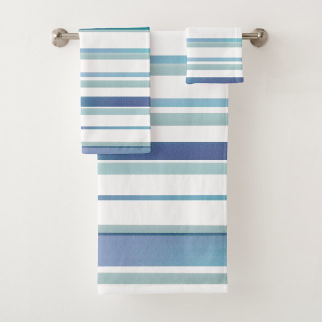 Conjunto De Toalhas Turquesa Blue White Watercolor Stripes (Insitu)