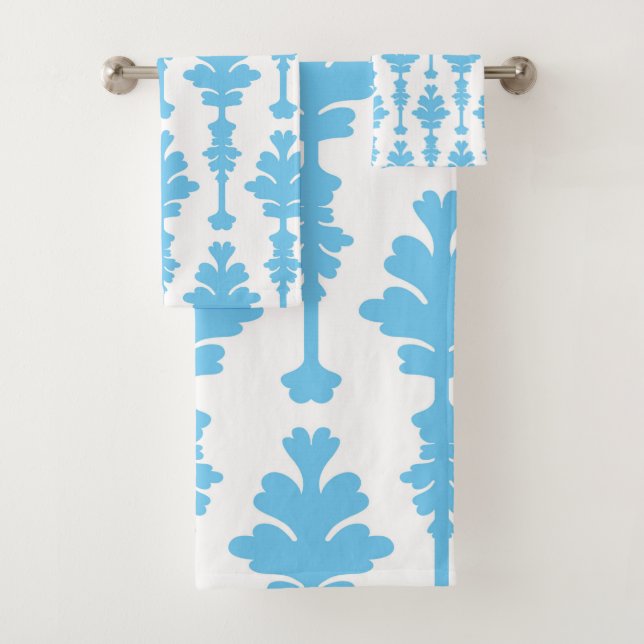 Conjunto De Toalhas Turquesa Branco e Azul Damasco Modernidade Glamuro (Insitu)