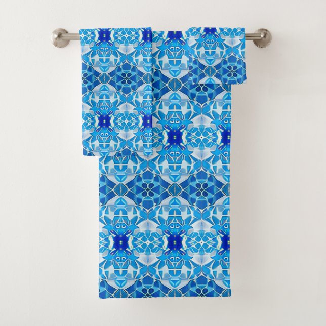 Conjunto De Toalhas Turquesa, Cinza e Padrão de Azulejo Azul Cobalto (Insitu)