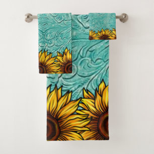 Conjunto De Toalhas Turquesa Couro Brava Brilhante Girassol