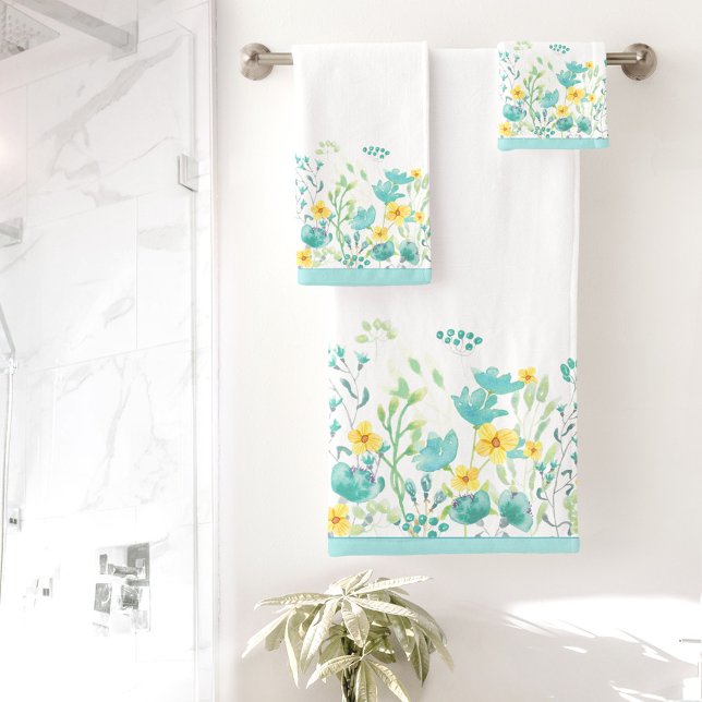 Conjunto De Toalhas Turquesa de Borda Floral de Aquarela (Watercolor Floral Border Turquoise Bath Towel Set)