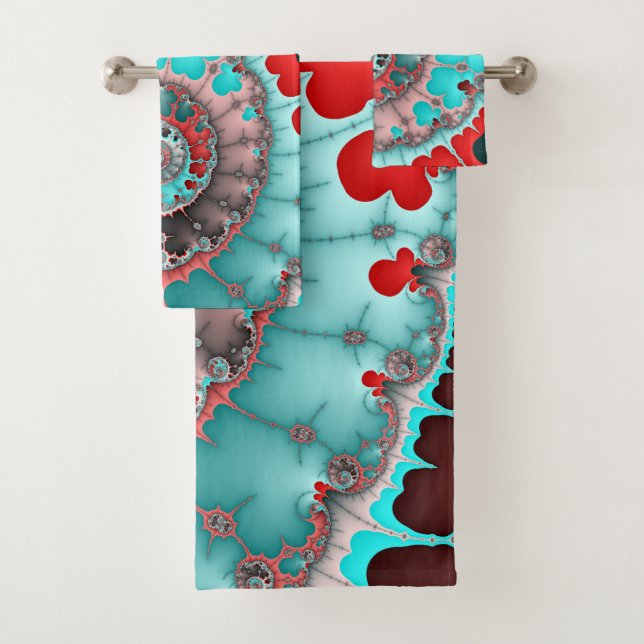 Conjunto De Toalhas Turquesa e Abstrato de Espiral Vermelho (Insitu)