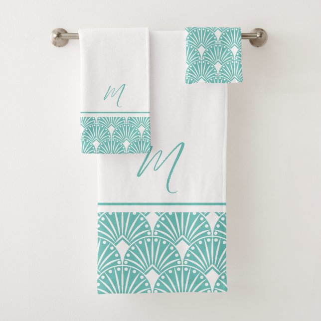 Conjunto De Toalhas Turquesa e pinagem branca Art Deco Pattern (Insitu)