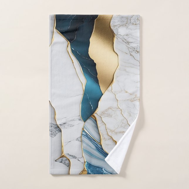 Conjunto De Toalhas Turquesa Mármore Pedra Branco Resfriado Dourado (Toalha de mão)