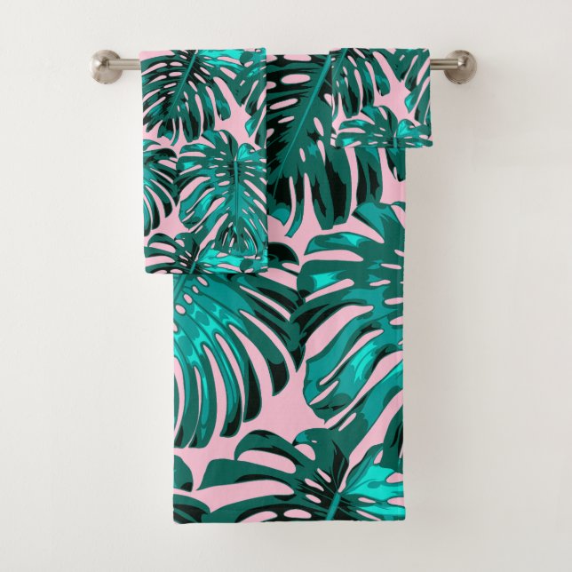 Conjunto De Toalhas Turquesa Tropical Rosa Monstera (Insitu)