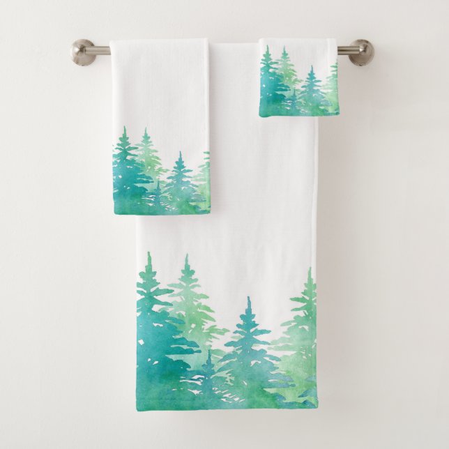 Conjunto De Toalhas Turquesa Verde Aquarela Evergreen Trees (Insitu)